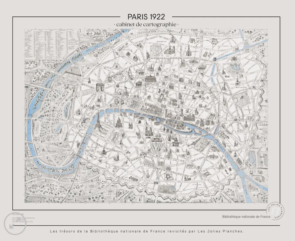 Affiche/planche Paris 1922, plan ancien monumental Les Jolies Planches