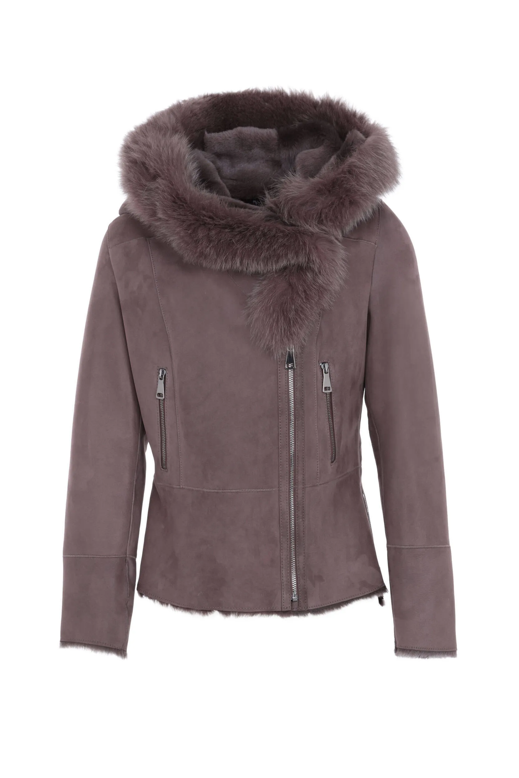 Blouson mouton capuche taupe