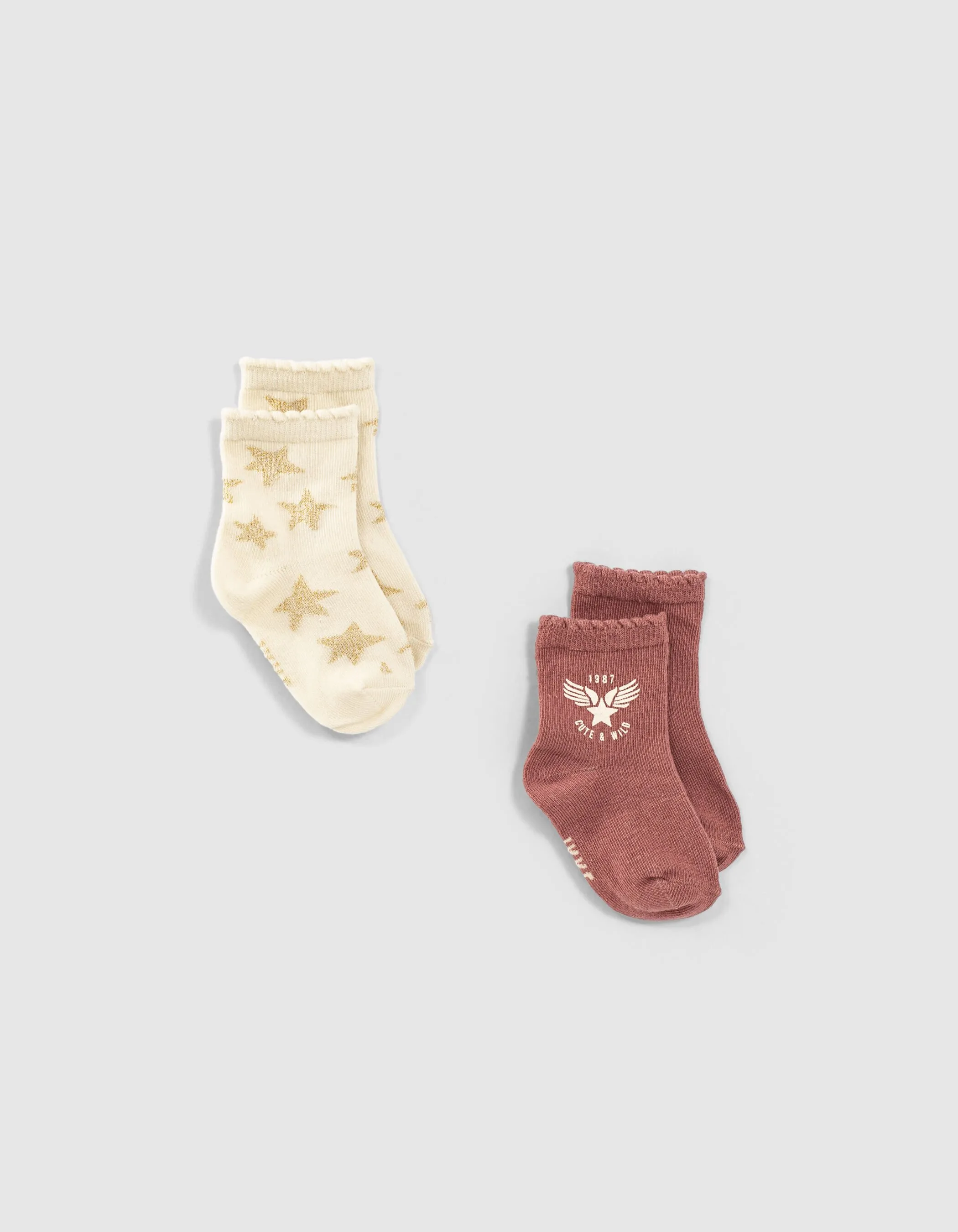 Chaussettes bois de rose et écrues à étoiles bébé fille