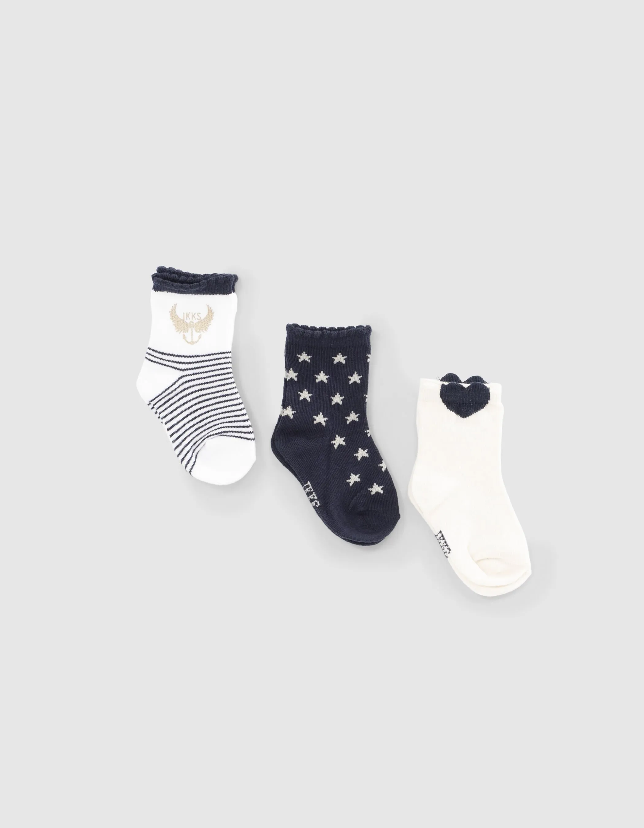 Chaussettes navy, blanches rayées et cœurs bébé fille