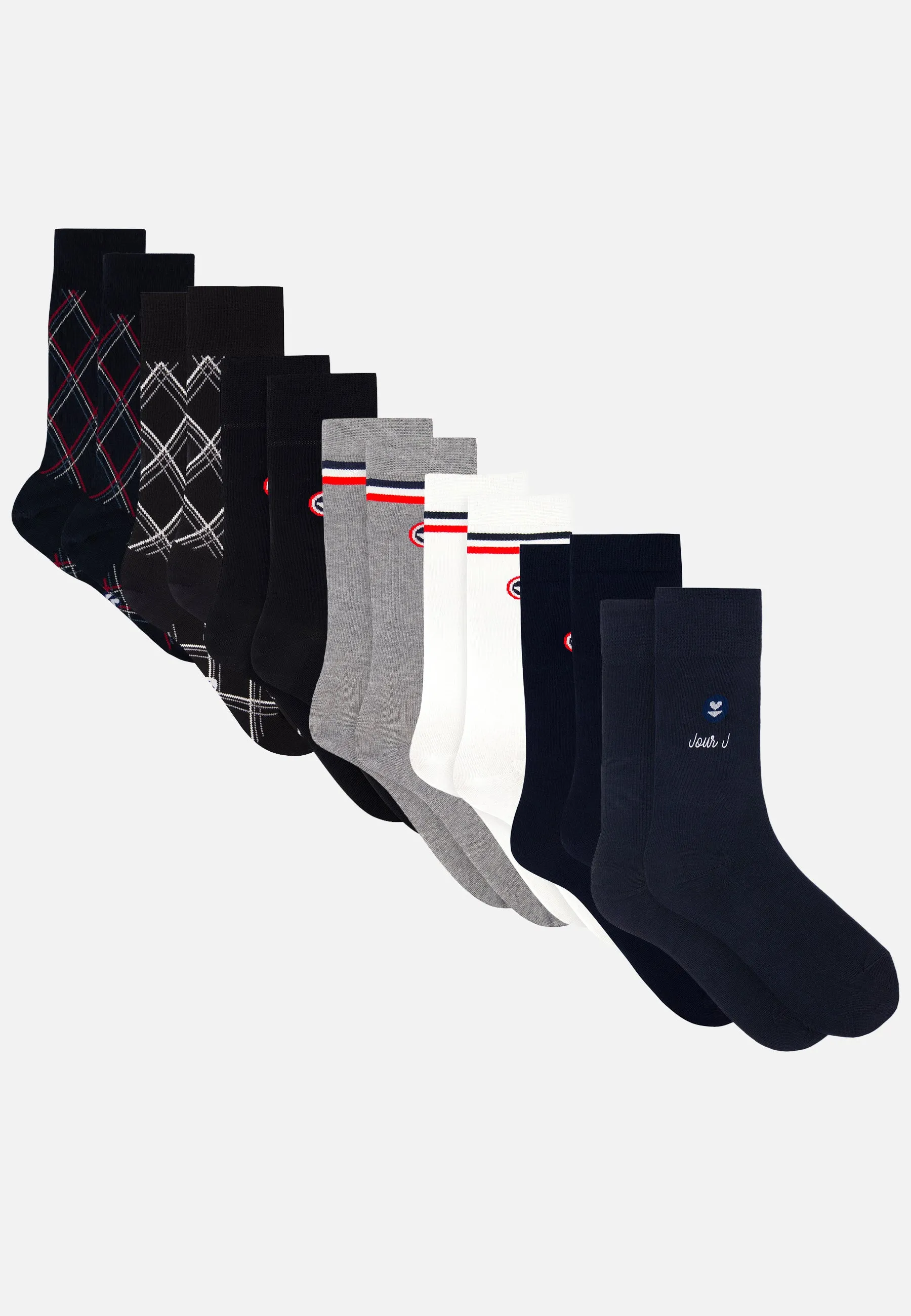 Coffret Semainier Chaussettes Lucas Marine Brodé Gris Chiné Tartan Marine Tartan Noir Noir Marine Blanc