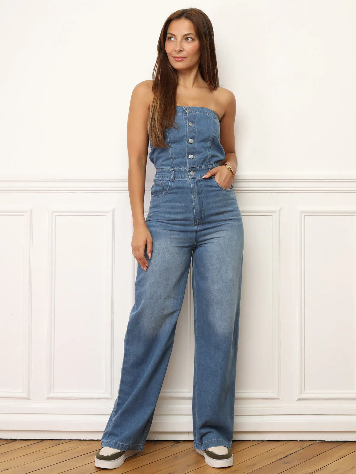 Combinaison bustier en denim- Bleu