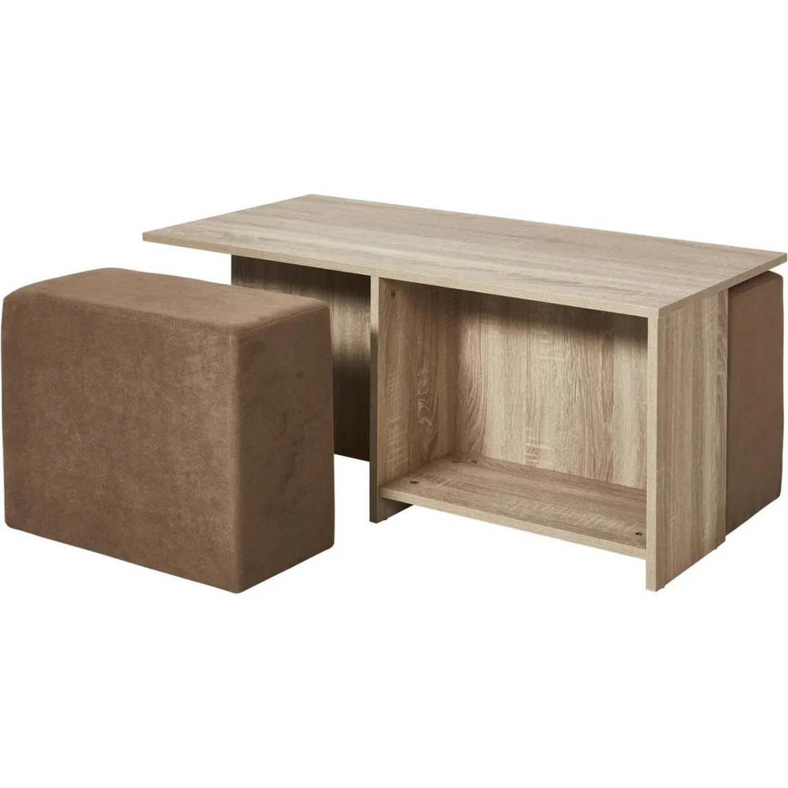 Ensemble Pouf + Table Basse Marron avec 2 rangements | 3 Suisses