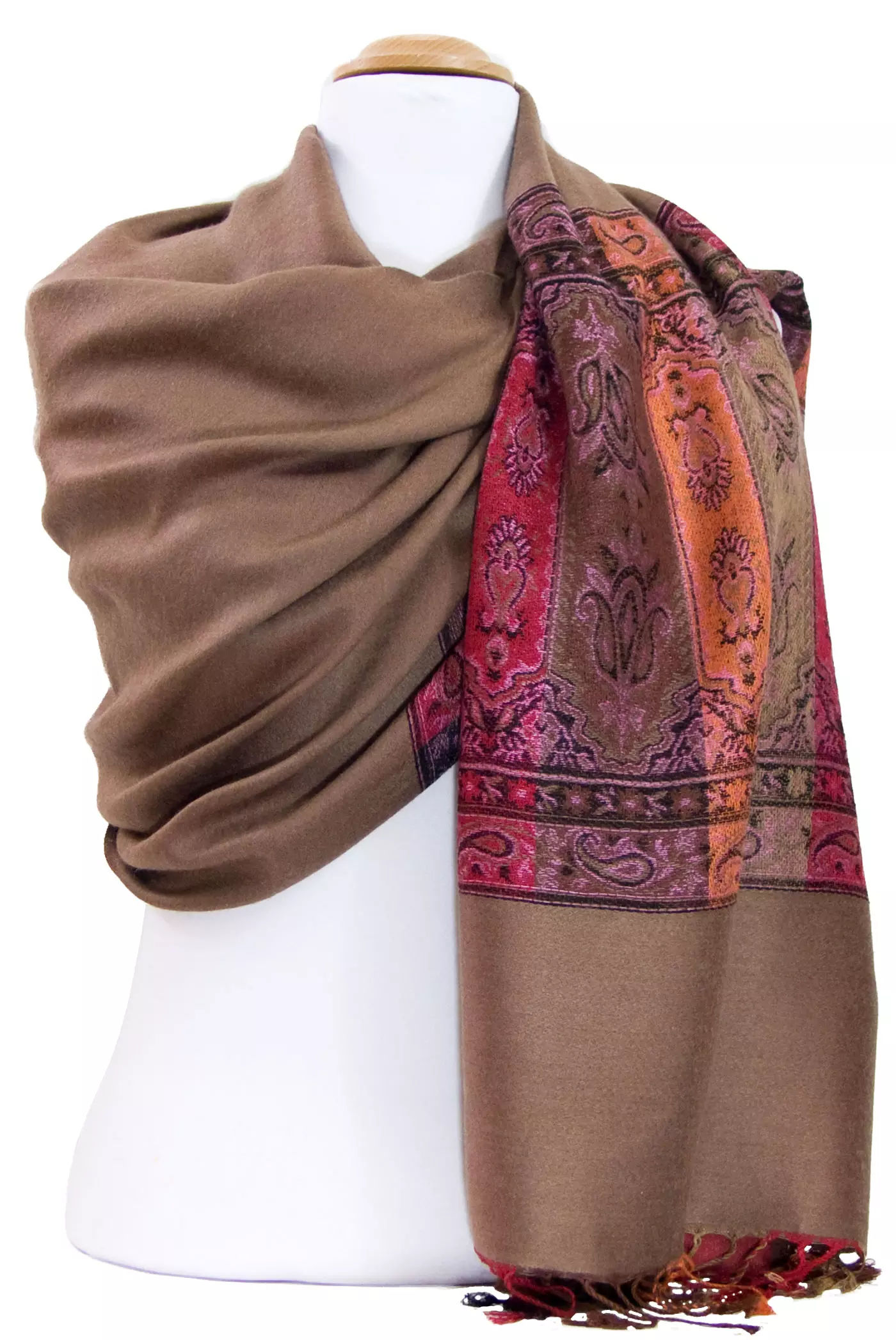 Etole pashmina beige foncé tissage multicolore