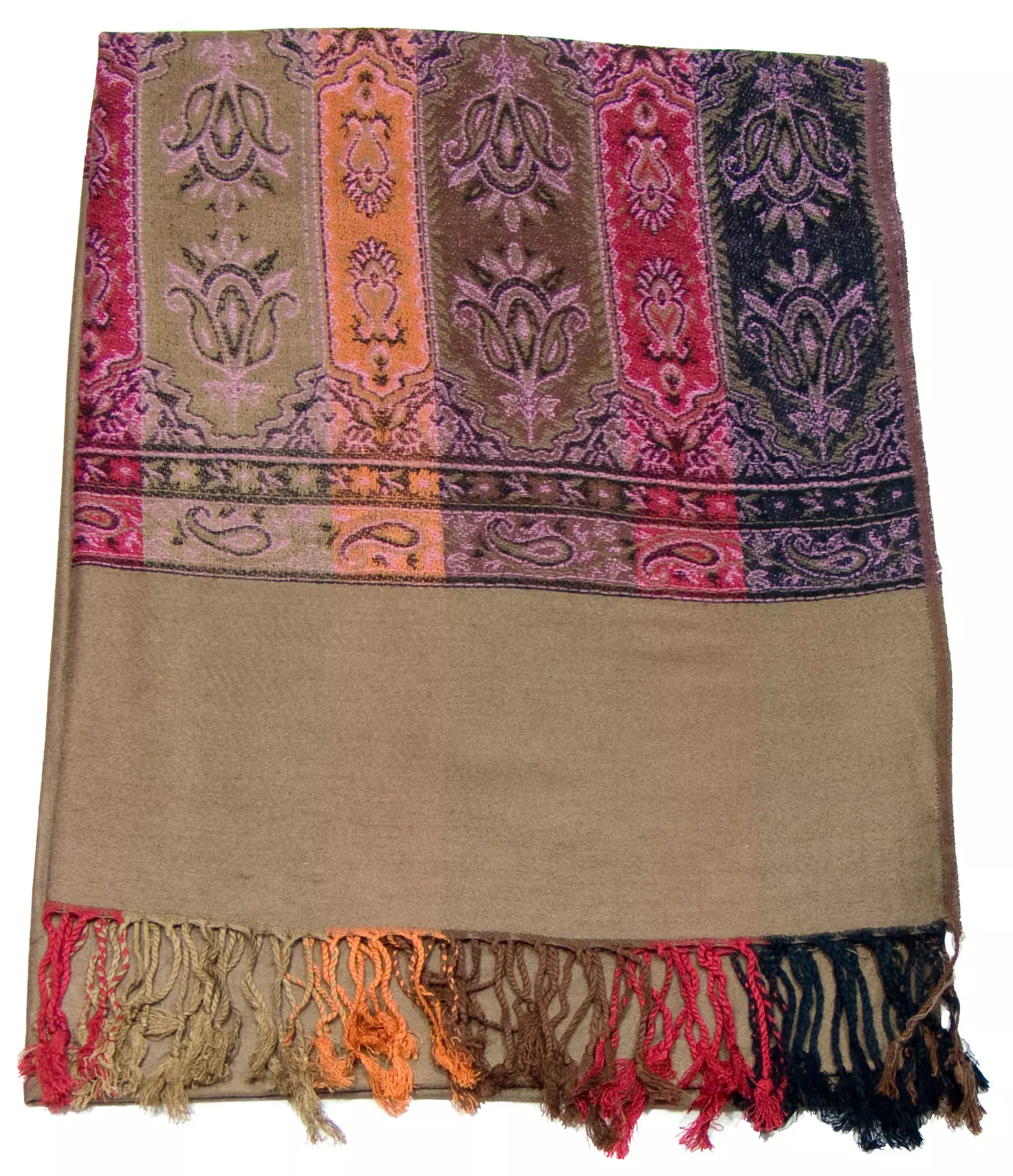 Etole pashmina beige foncé tissage multicolore