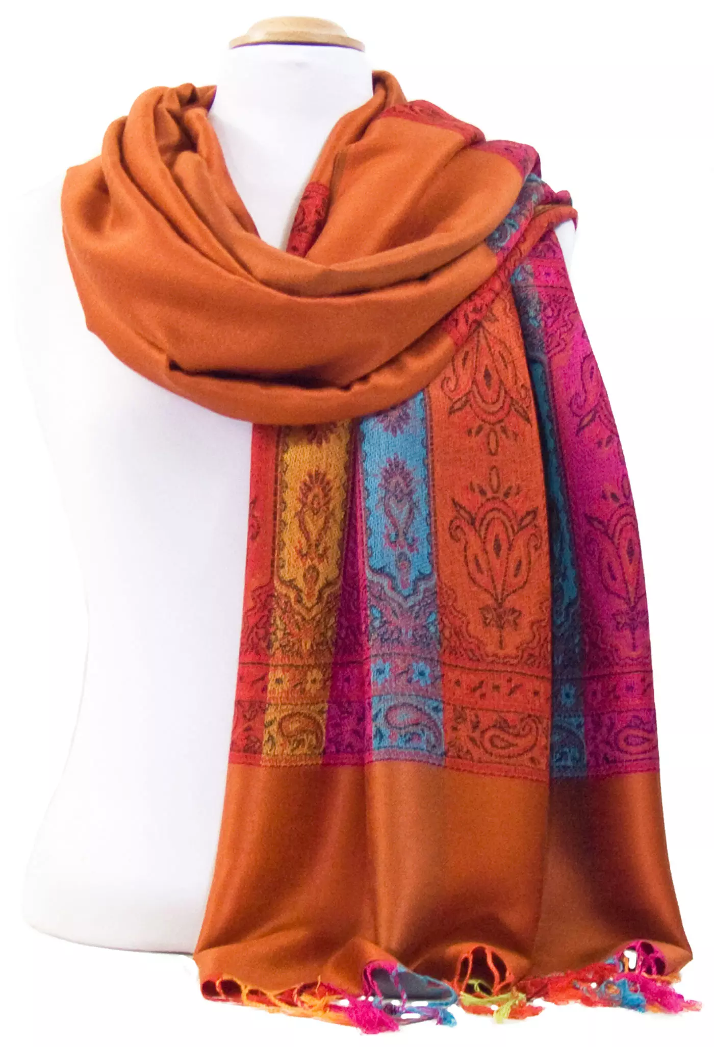 Etole pashmina brique tissée motifs multicolores