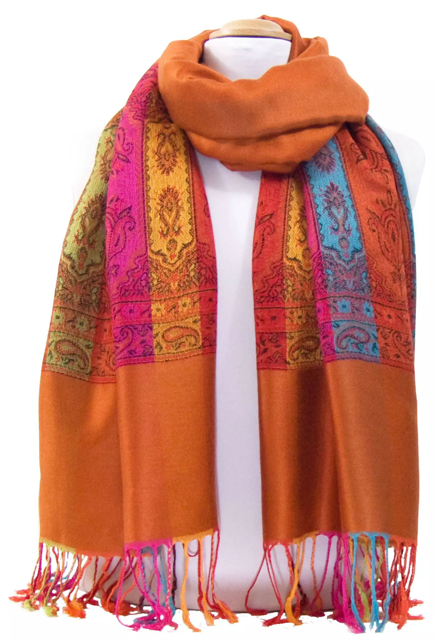 Etole pashmina brique tissée motifs multicolores