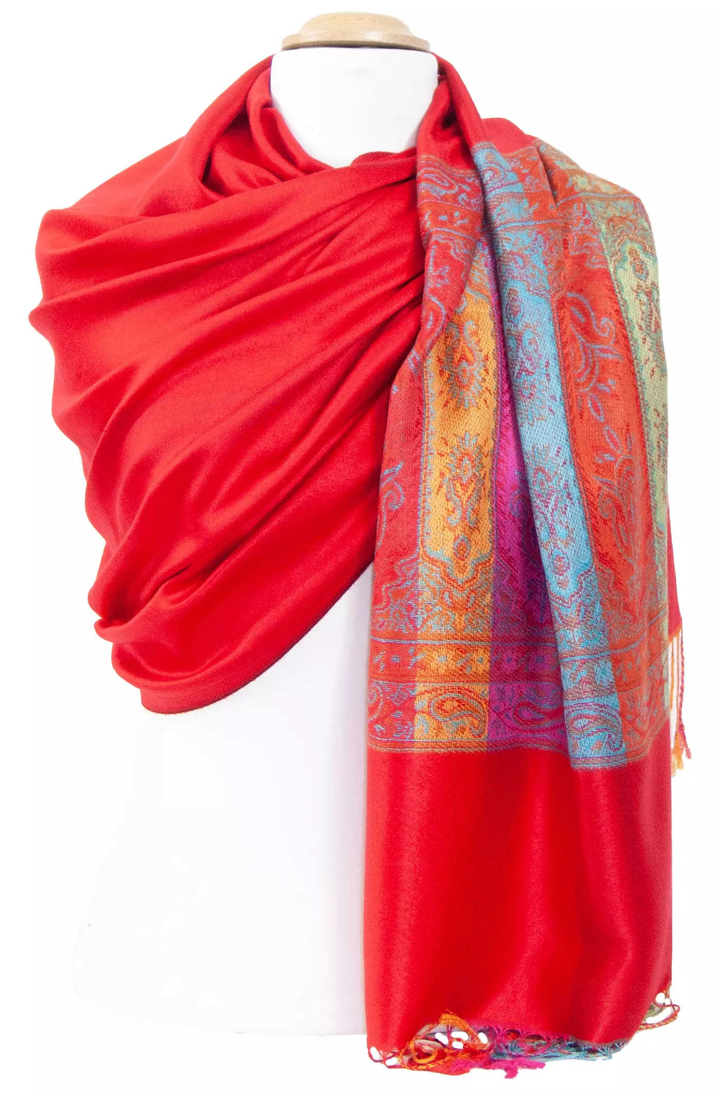 Etole pashmina rouge clair tissage multicolore