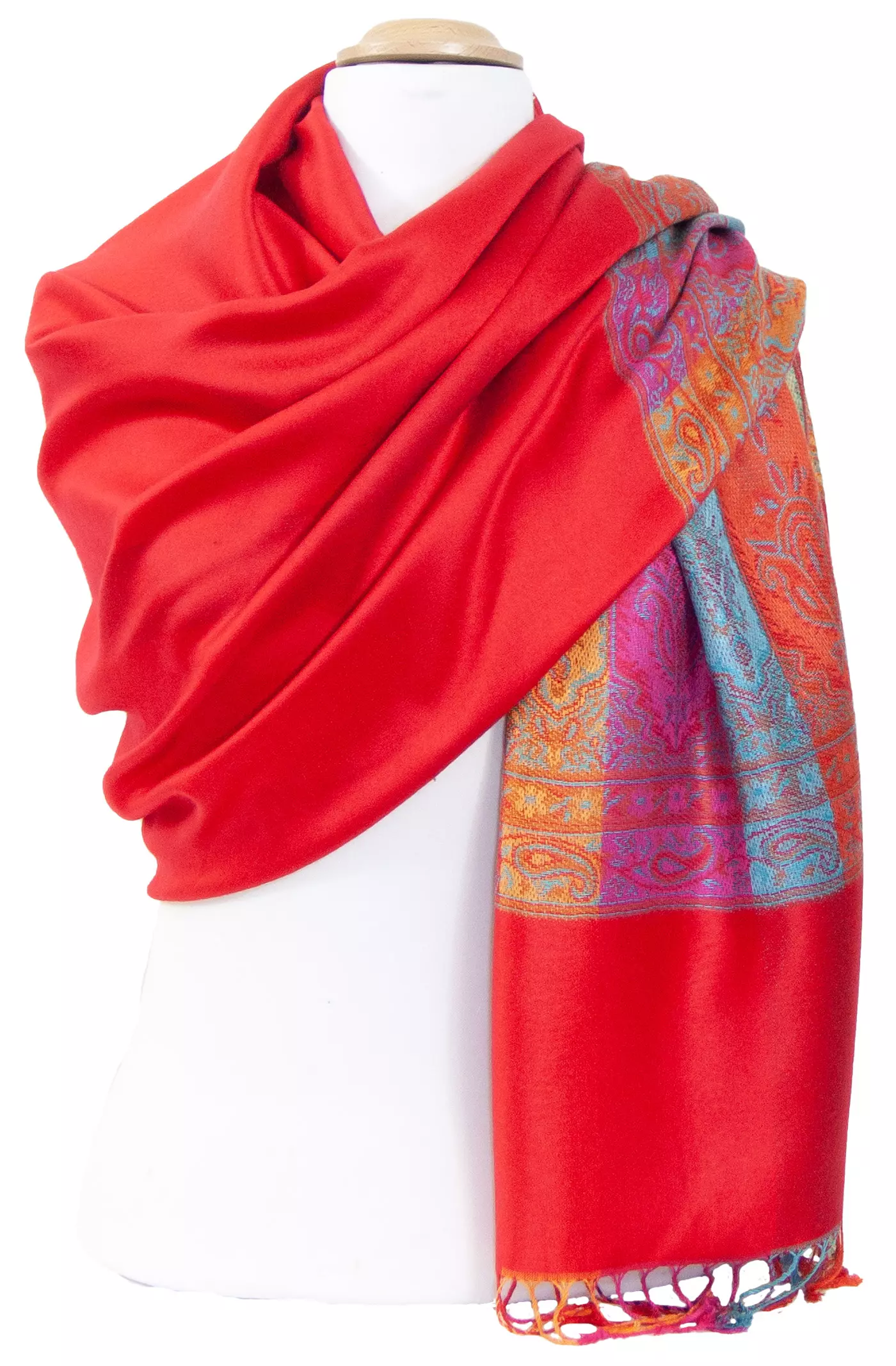 Etole pashmina rouge clair tissage multicolore