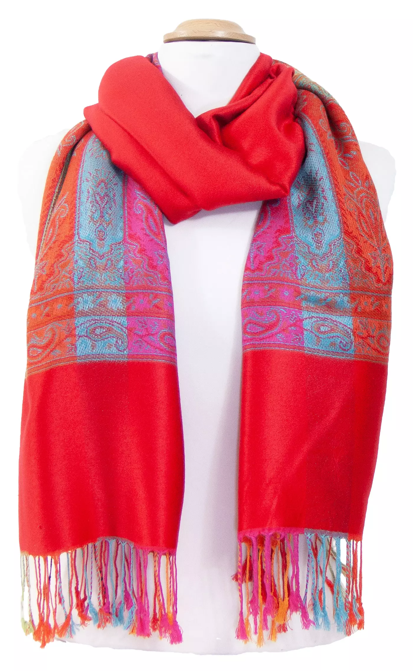 Etole pashmina rouge clair tissage multicolore