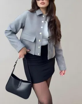 Fleur - Manteau d'automne court gris simple avec poches, fermeture boutonnée et col polo