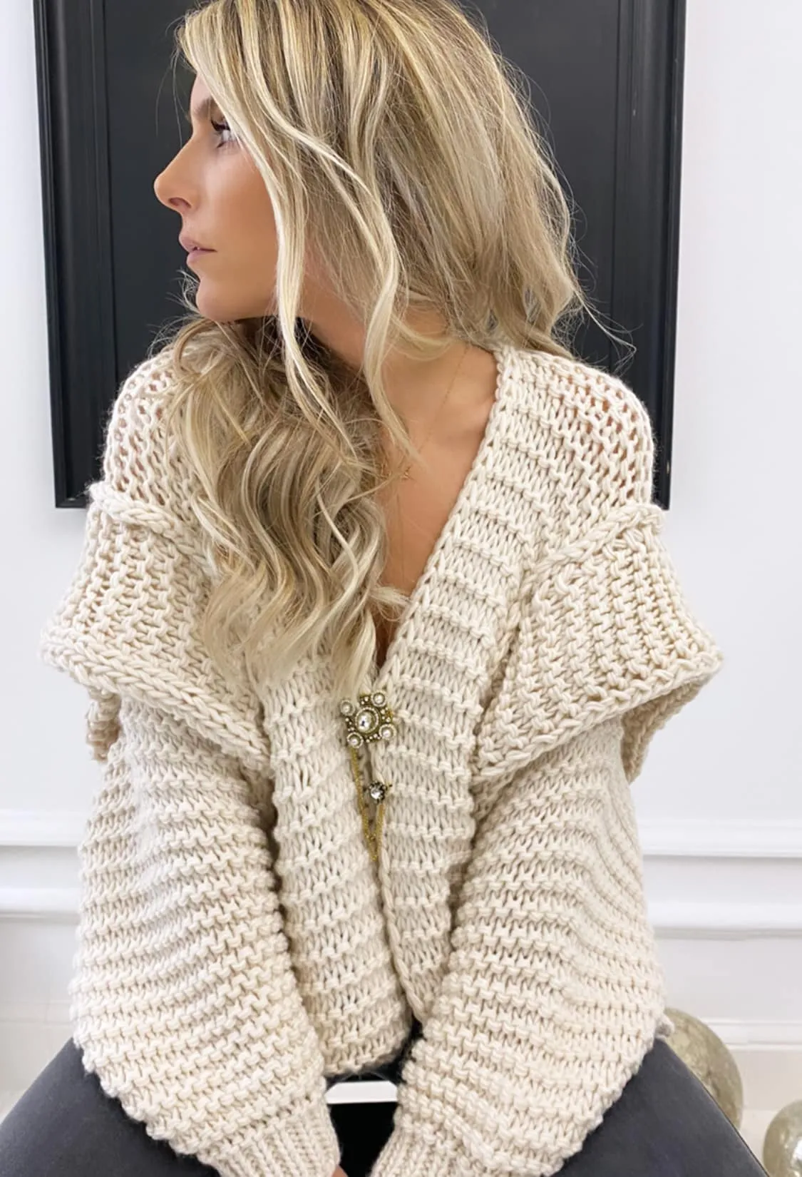 Gilet beige grosse maille à épaulettes