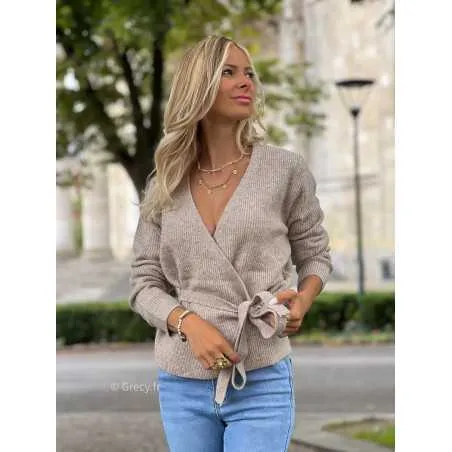 Gilet ceinturé taupe manches longues