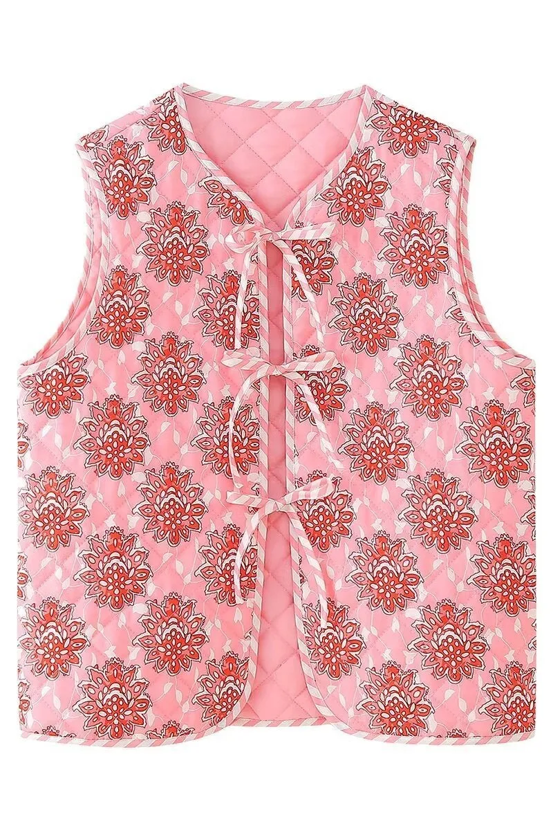 Gilet Rembourré Foncé à Lacets avec Imprimé Floral Rose