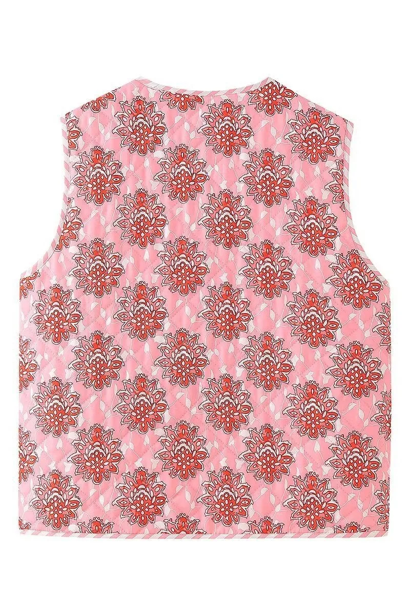 Gilet Rembourré Foncé à Lacets avec Imprimé Floral Rose