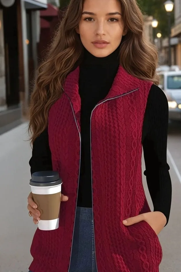 Gilet sans manches en jacquard à col montant couleur vin rouge