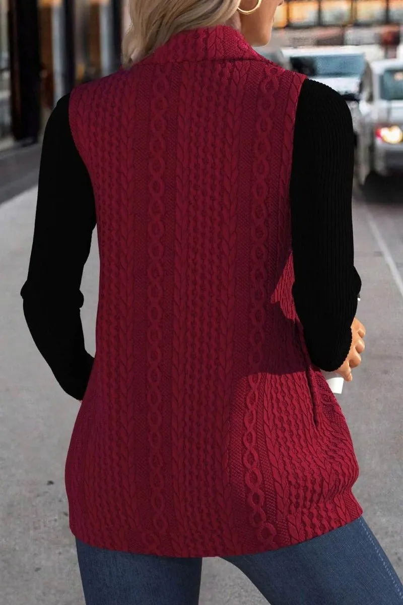 Gilet sans manches en jacquard à col montant couleur vin rouge