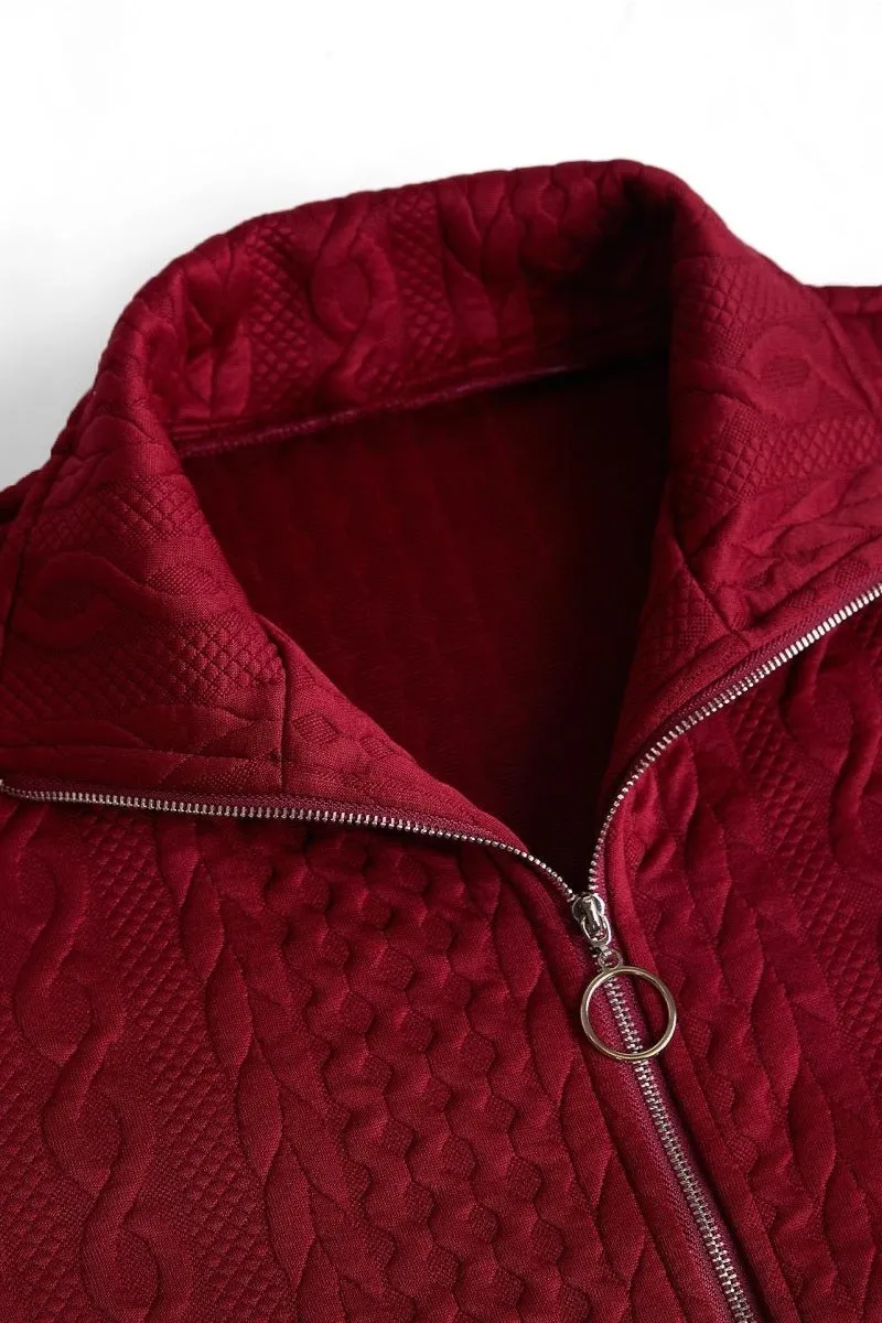 Gilet sans manches en jacquard à col montant couleur vin rouge