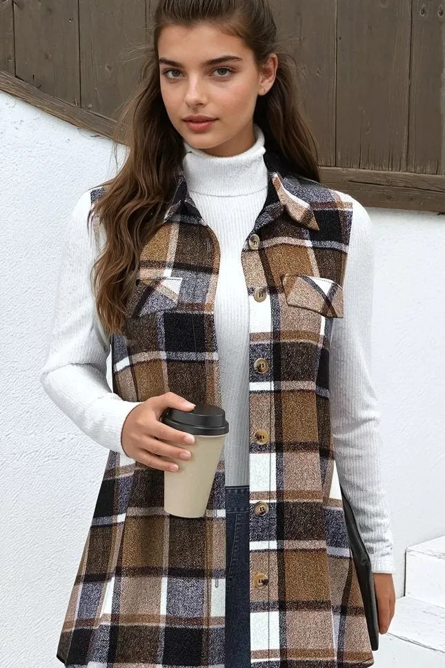 Gilet sans manches en plaid patchwork camel foncé avec col de chemise