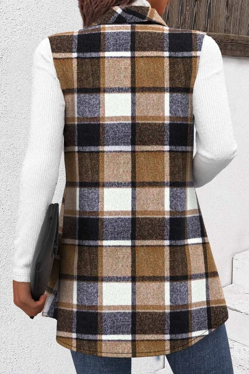 Gilet sans manches en plaid patchwork camel foncé avec col de chemise