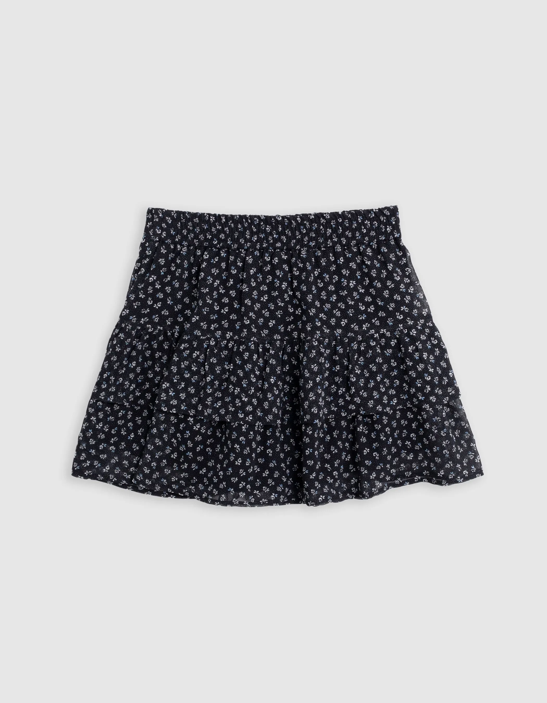 Jupe courte noire imprimé floral micro-pois fille