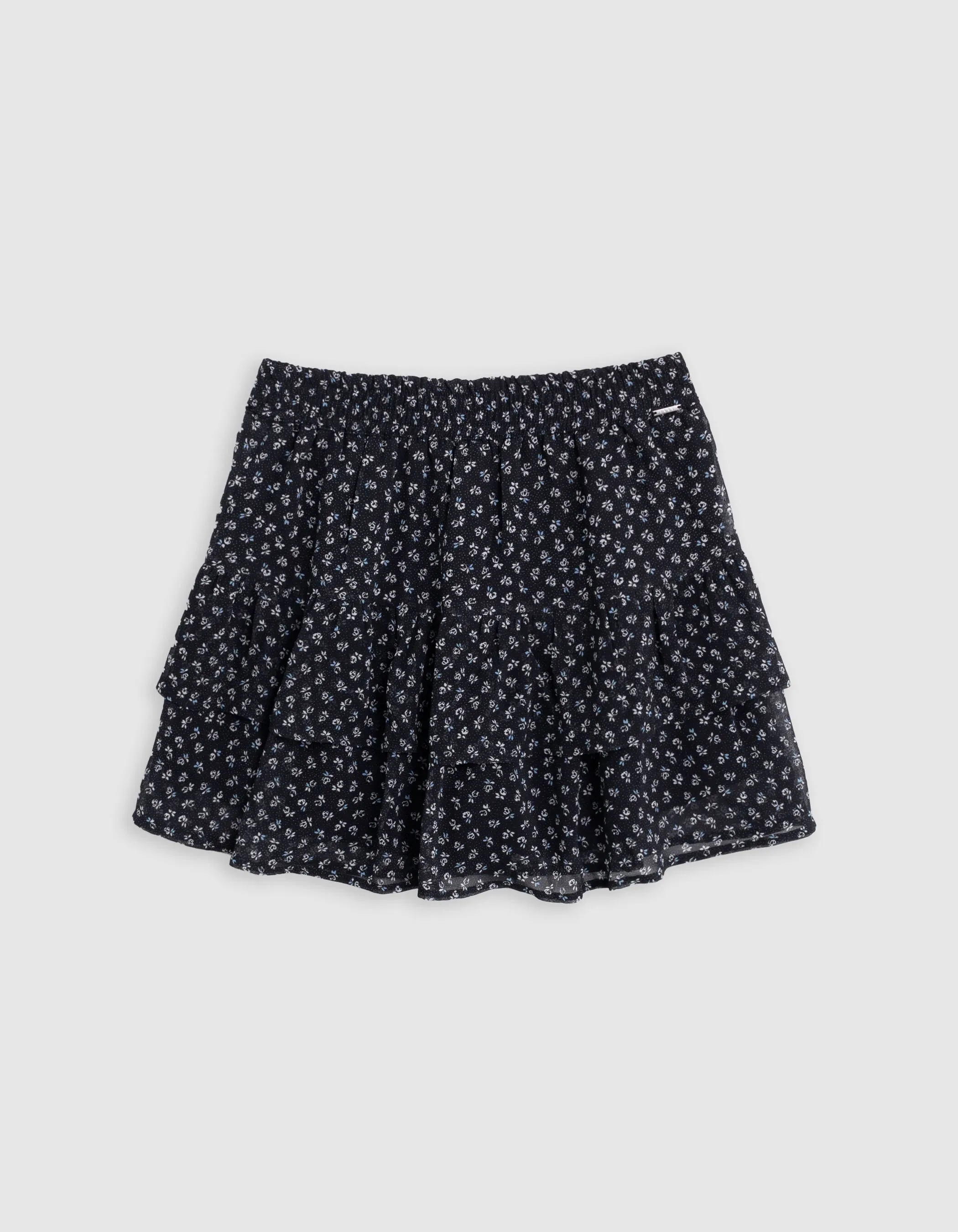 Jupe courte noire imprimé floral micro-pois fille