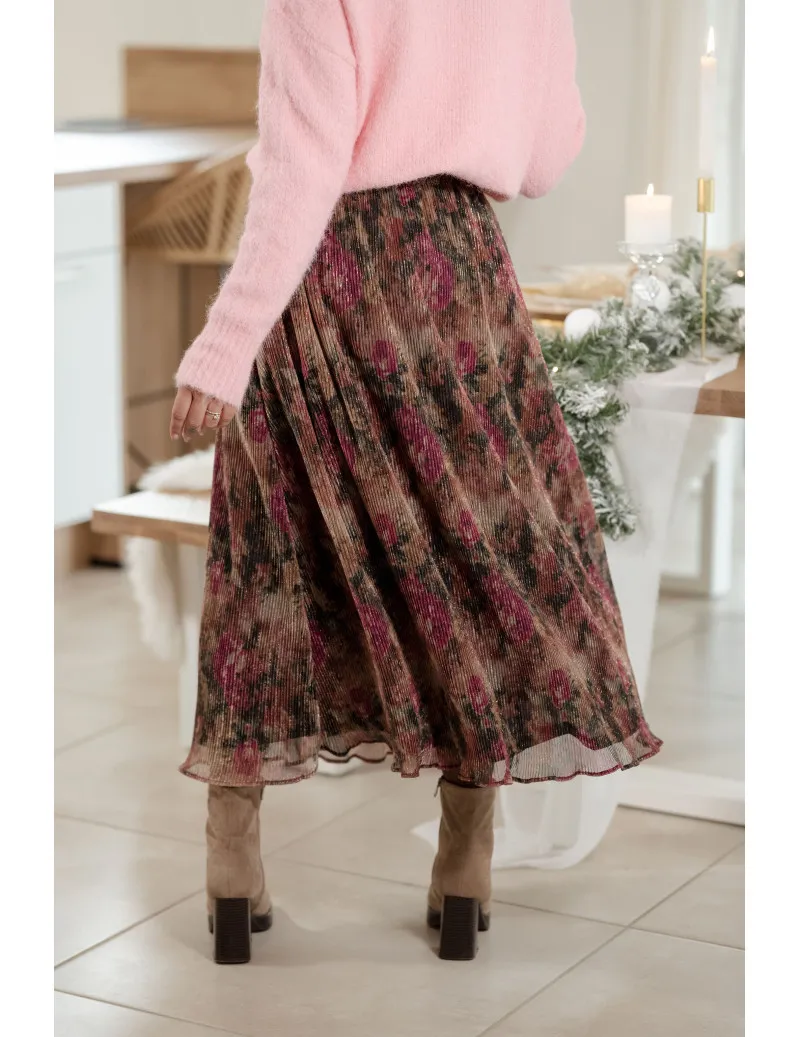 Jupe Longue Lurex Imprimé Rose "Barbara" | MONLOOK