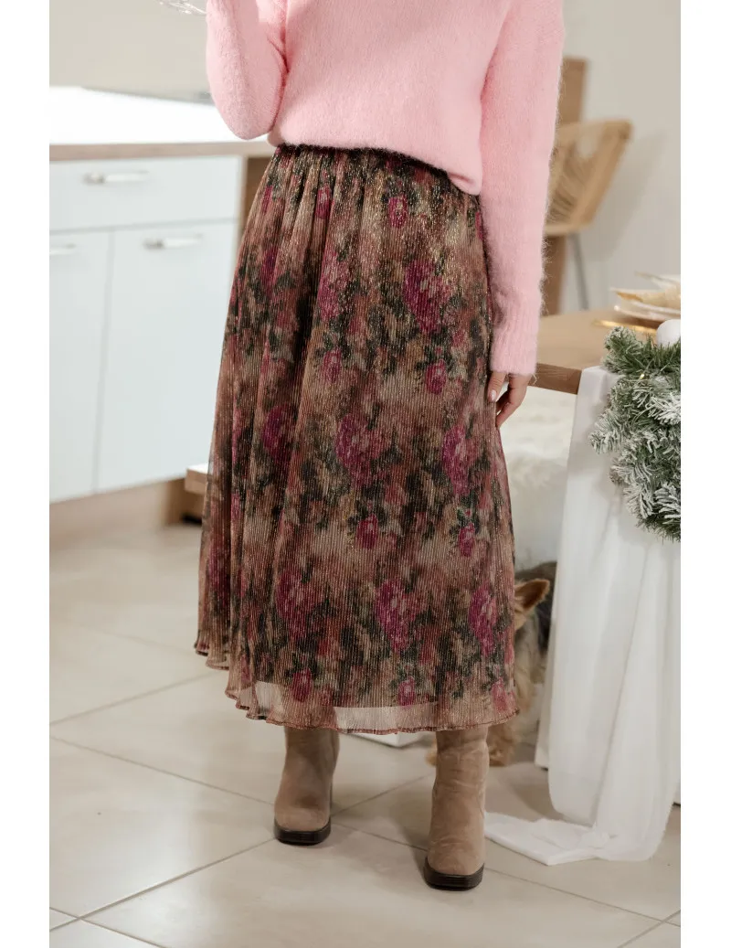 Jupe Longue Lurex Imprimé Rose "Barbara" | MONLOOK