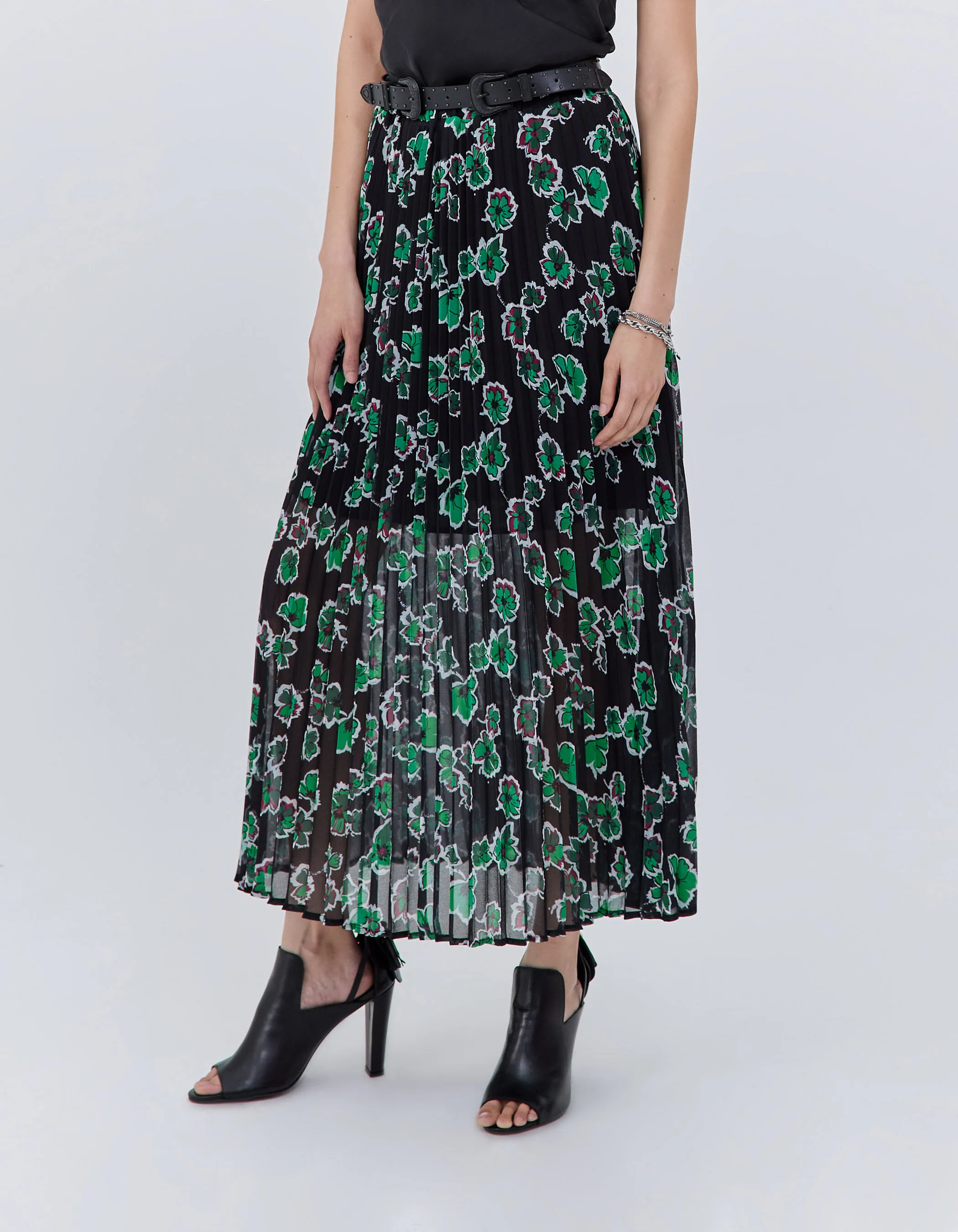 Jupe longue noire imprimé maxi floral plissée Femme