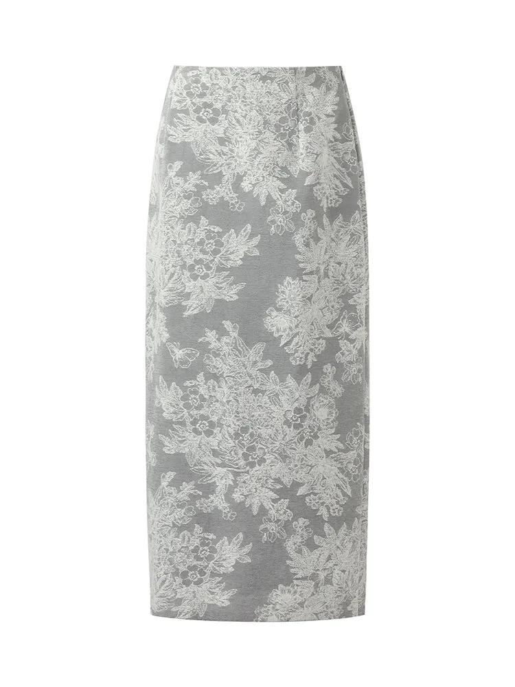 Jupe midi colonne en jacquard floral argenté pour femmes