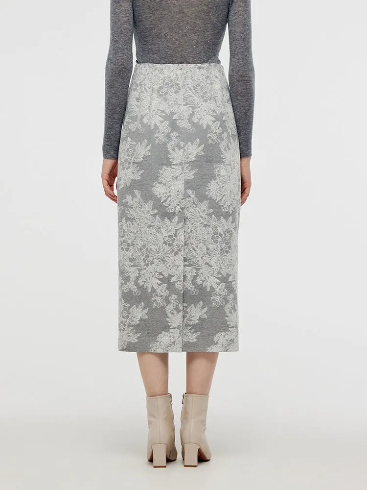 Jupe midi colonne en jacquard floral argenté pour femmes