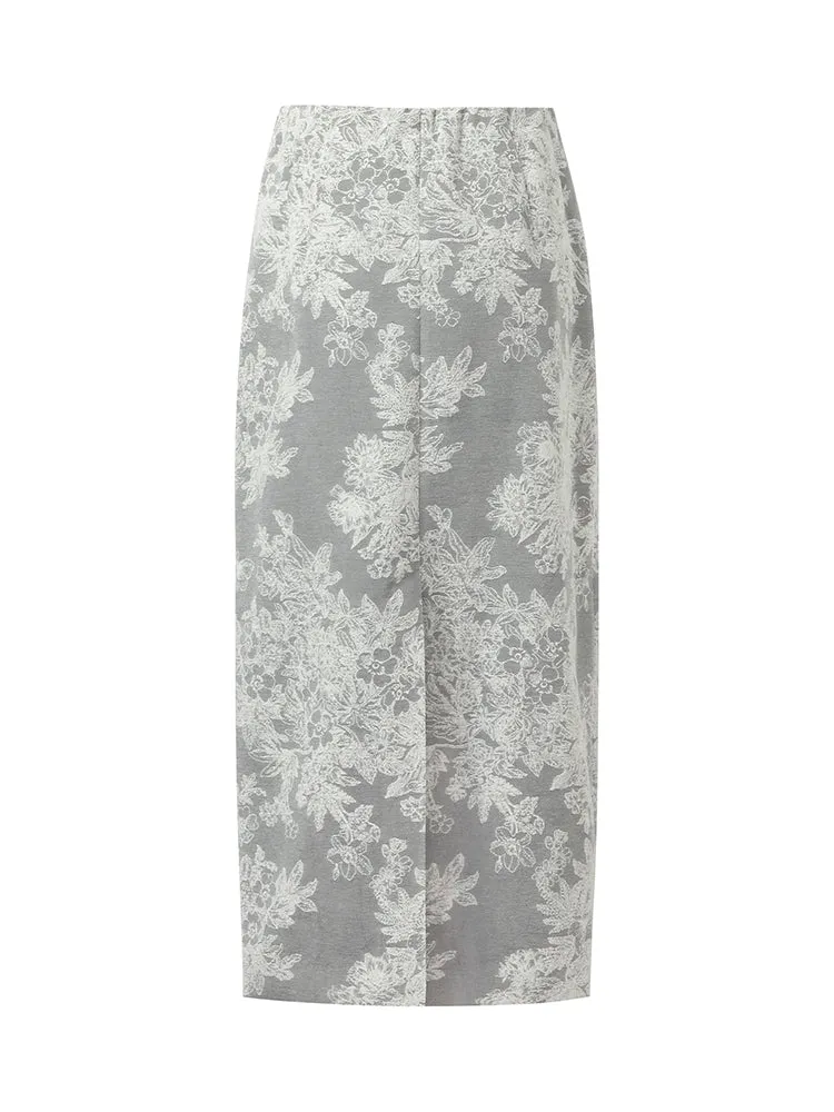 Jupe midi colonne en jacquard floral argenté pour femmes