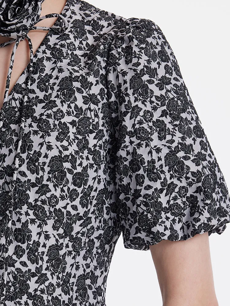 Mini-robe jacquard à manches bouffantes et col en V pour femme avec ce