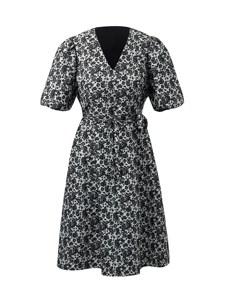 Mini-robe jacquard à manches bouffantes et col en V pour femme avec ce