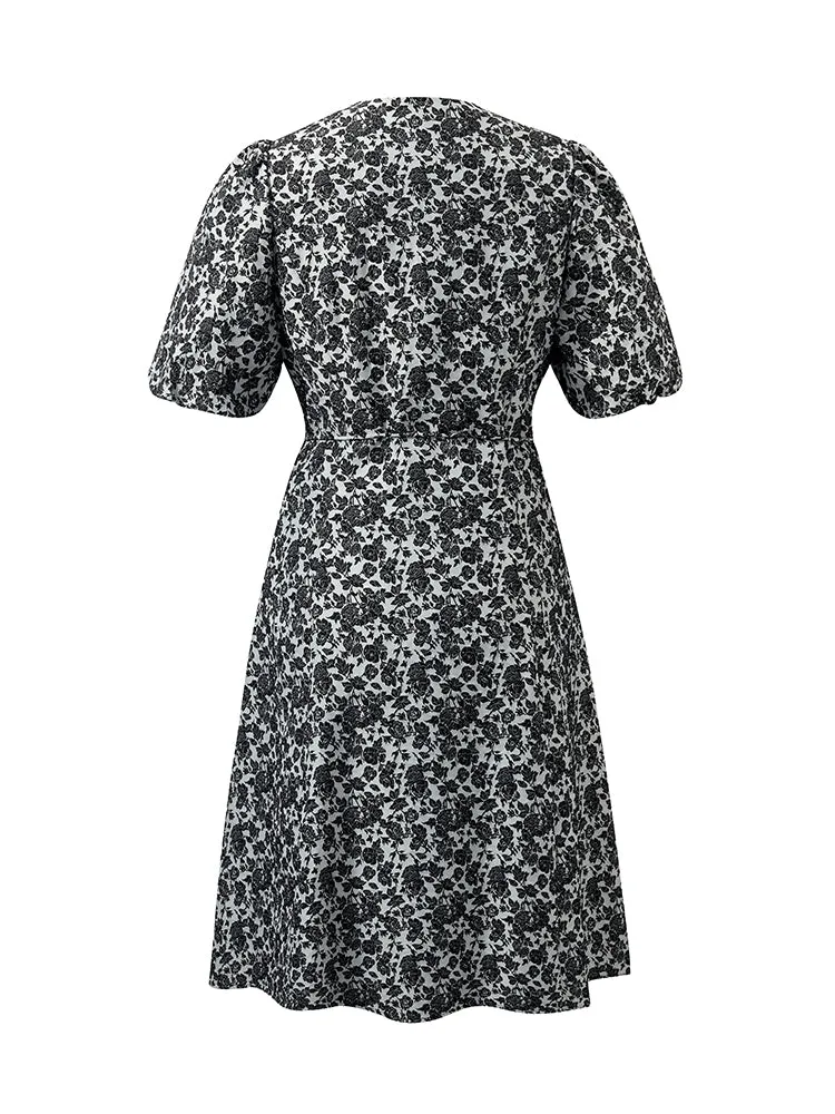 Mini-robe jacquard à manches bouffantes et col en V pour femme avec ce