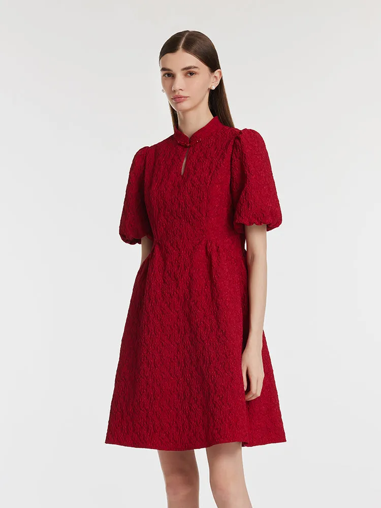 Mini-robe Qipao en jacquard à manches bouffantes pour femmes