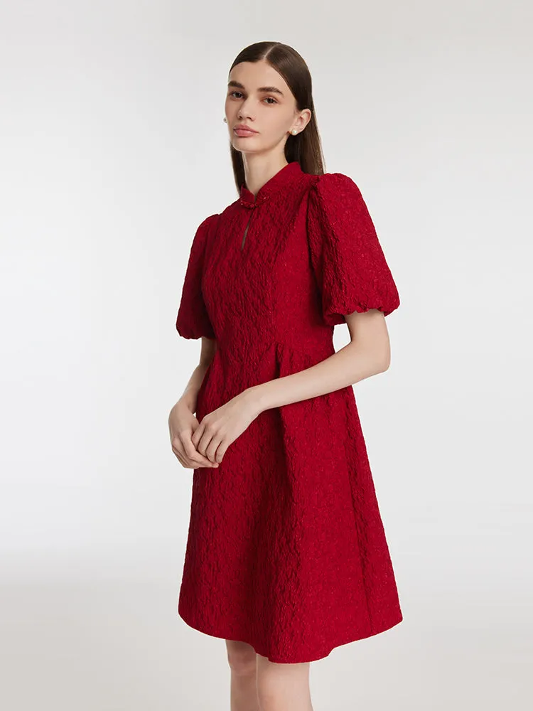 Mini-robe Qipao en jacquard à manches bouffantes pour femmes