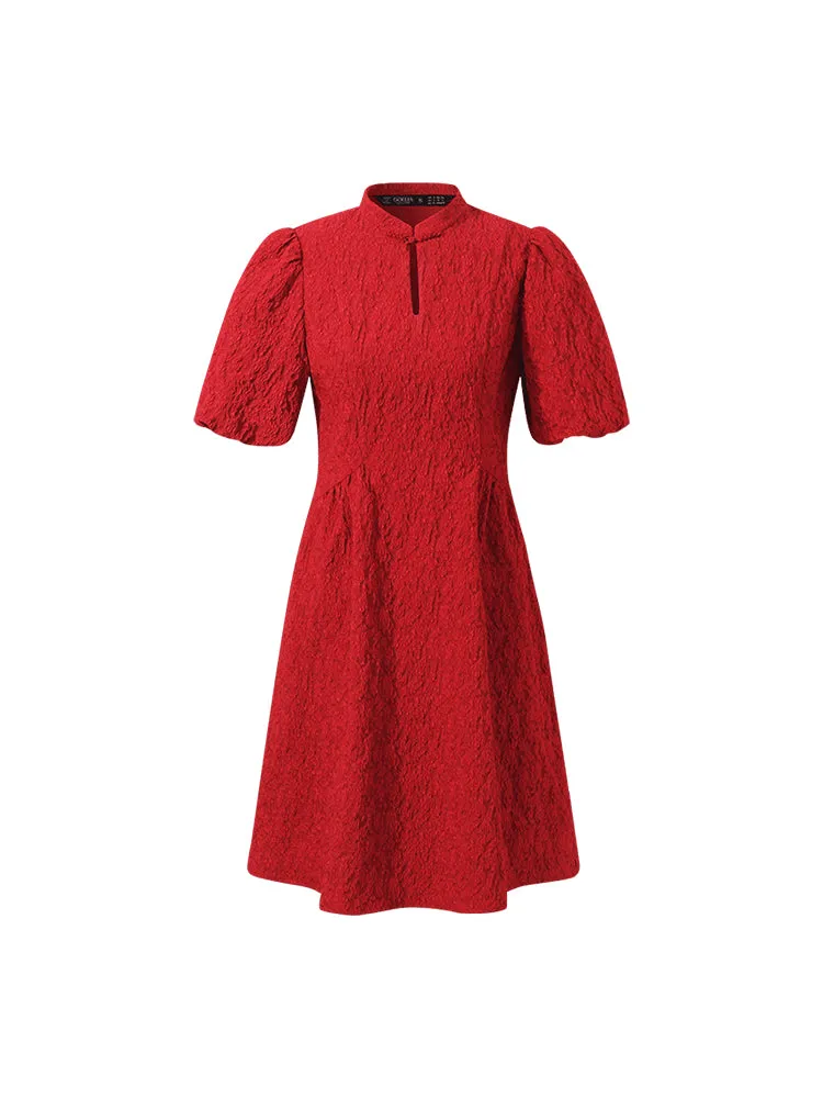 Mini-robe Qipao en jacquard à manches bouffantes pour femmes