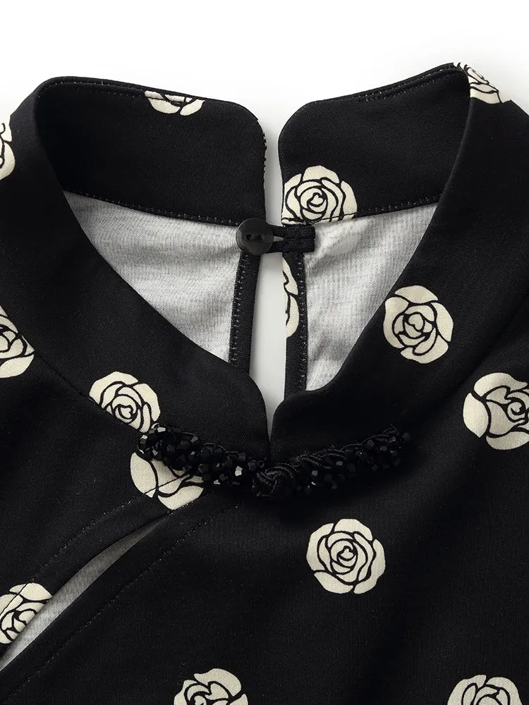 Mini robe Qipao à manches bouffantes imprimées roses pour femmes