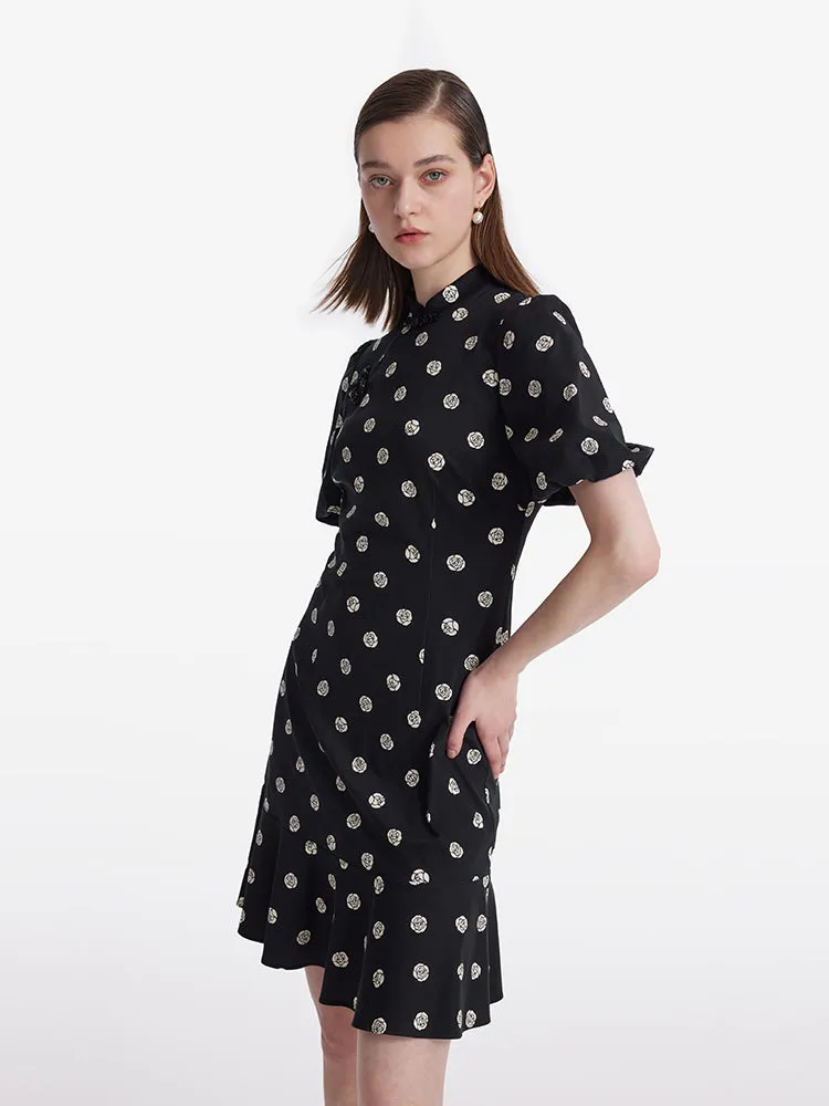 Mini robe Qipao à manches bouffantes imprimées roses pour femmes