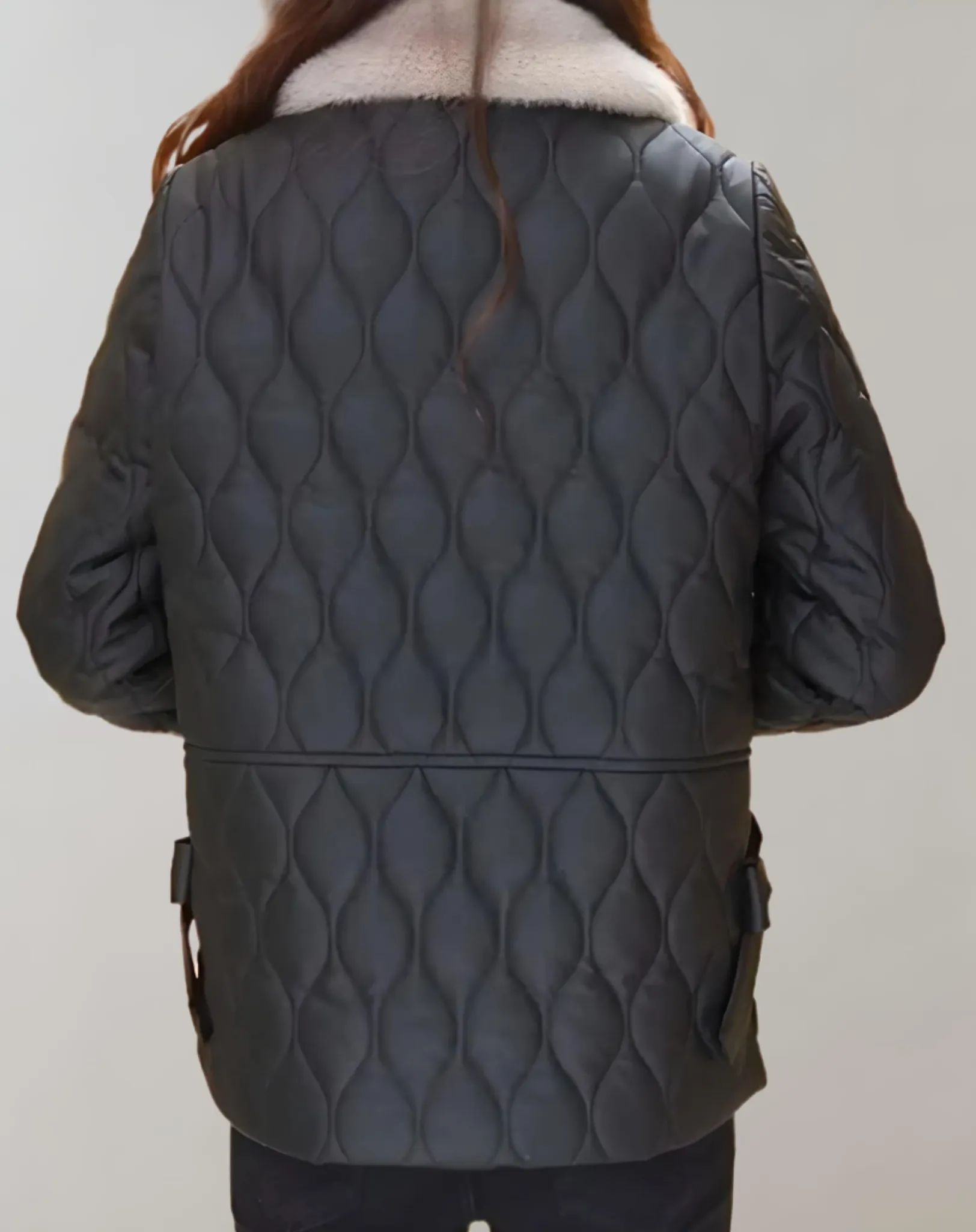 Nora - Manteau d'hiver épais noir à motif en relief et cols imitation tissu