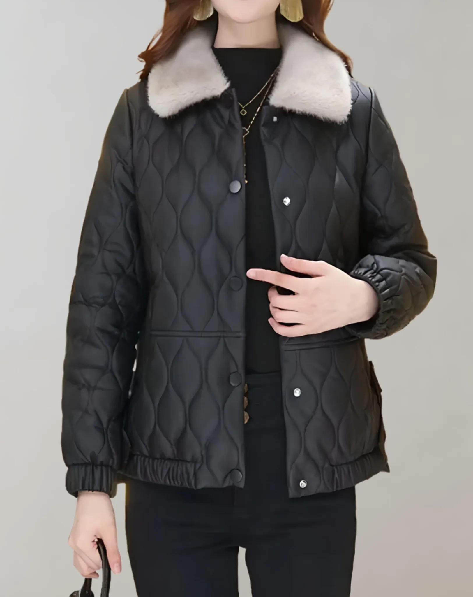 Nora - Manteau d'hiver épais noir à motif en relief et cols imitation tissu