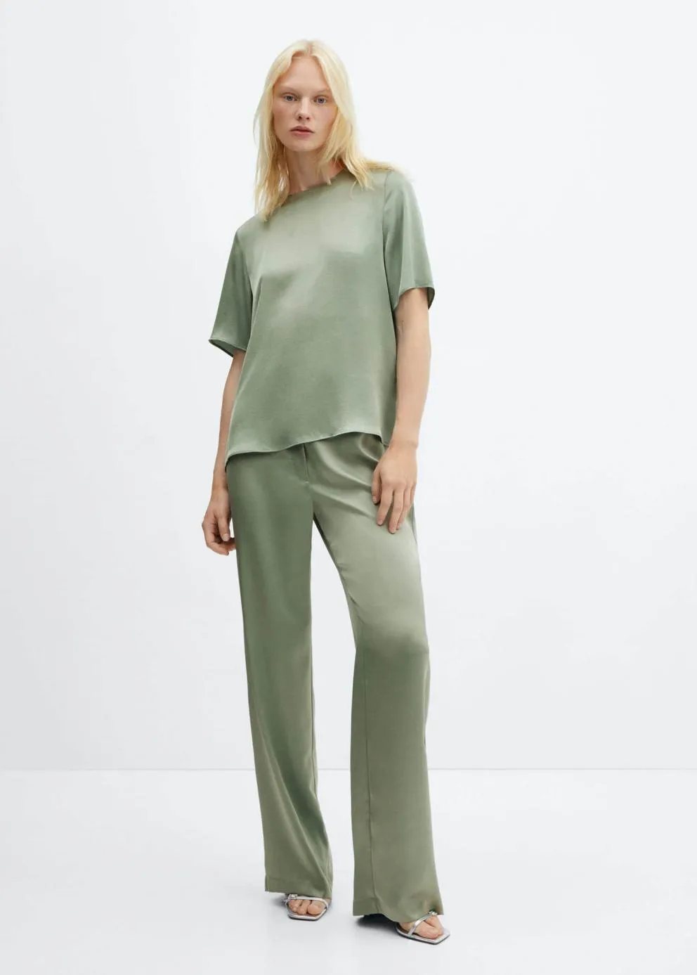 Pantalon | Femme MANGO Pantalon Satiné Taille élastique Vert Pastel