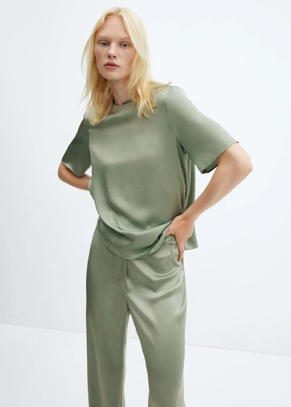 Pantalon | Femme MANGO Pantalon Satiné Taille élastique Vert Pastel