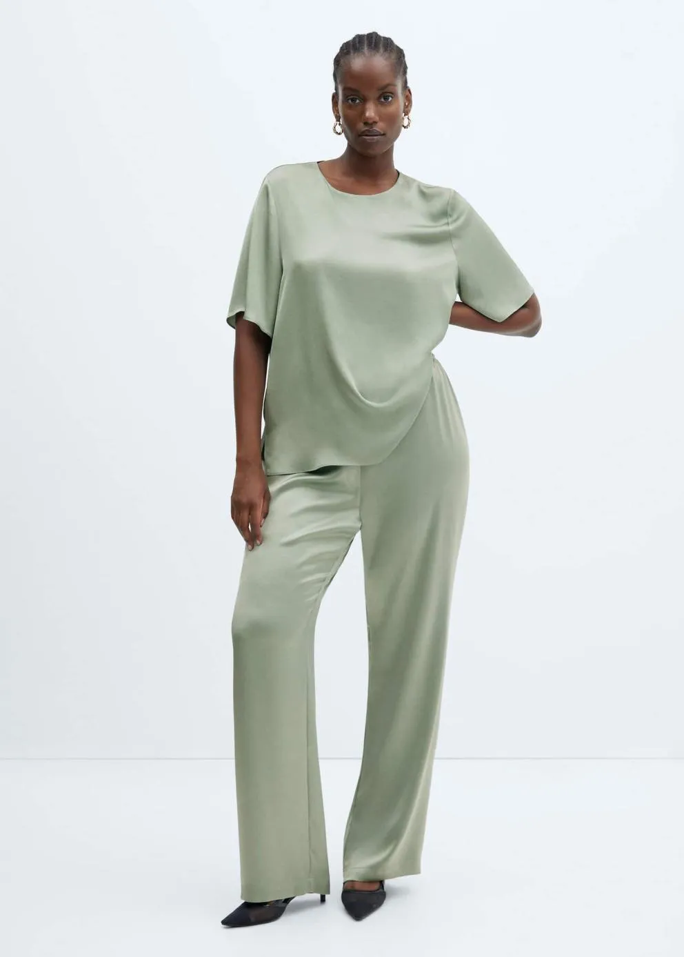 Pantalon | Femme MANGO Pantalon Satiné Taille élastique Vert Pastel