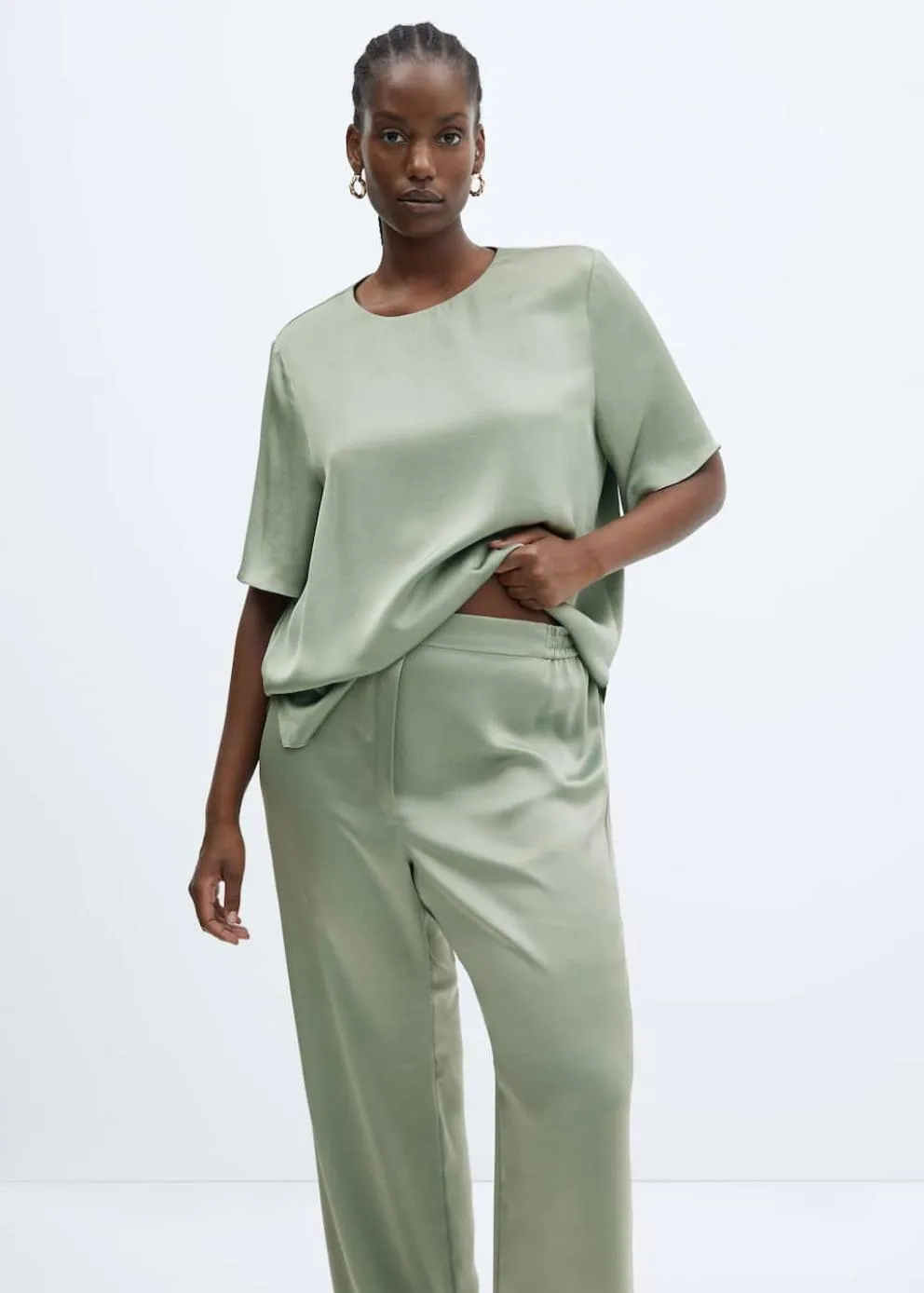 Pantalon | Femme MANGO Pantalon Satiné Taille élastique Vert Pastel