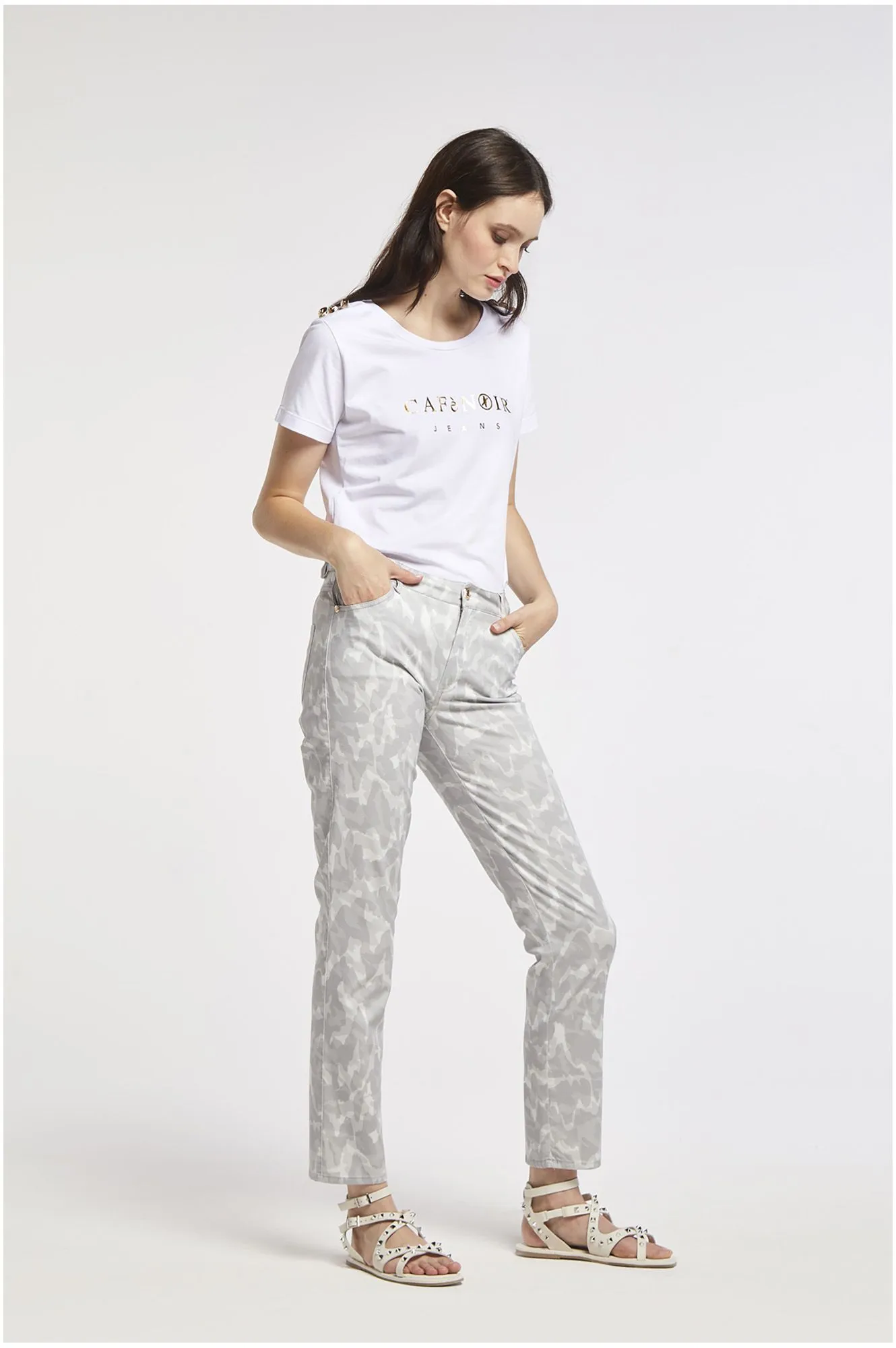 pantalon slim imprimé en tissu de coton stretch multigray camouflage - CafèNoir