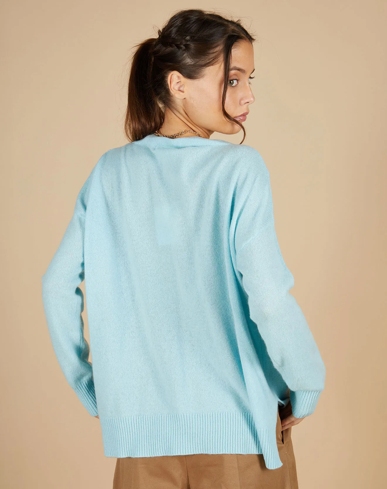 Pull 100% Cachemire Iris Col V profond oversize océan