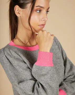 Pull 100% Cachemire Romane col rond gris chiné/liseré rose fluo