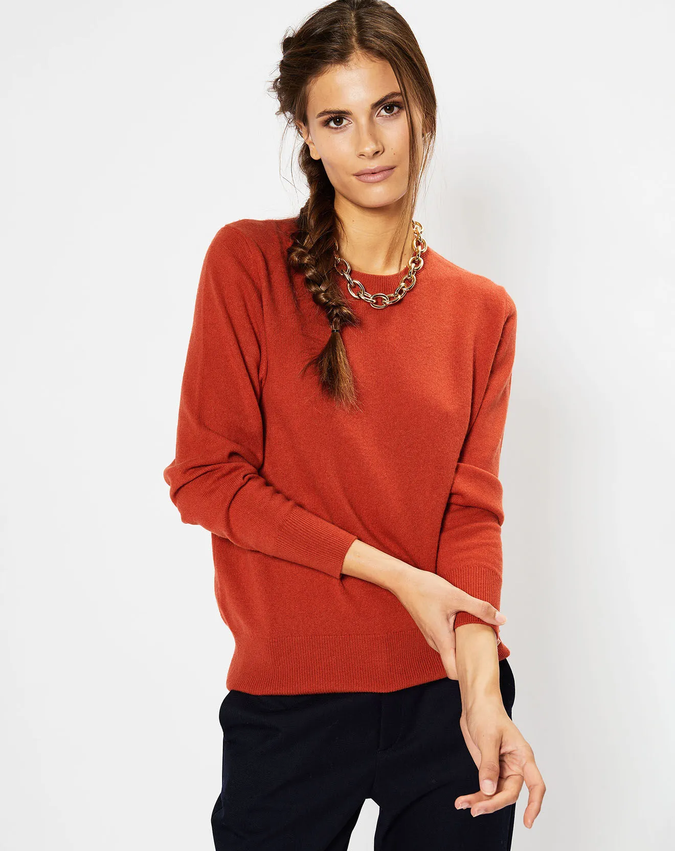 Pull 100% Cachemire Zabri col rond orange foncé